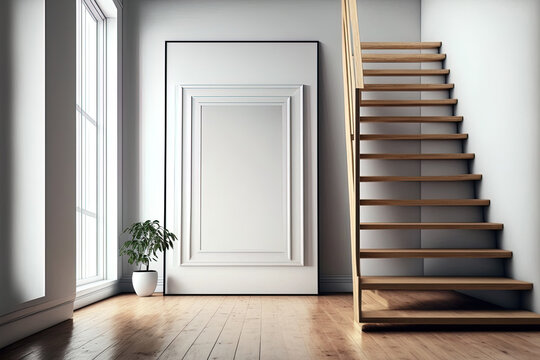 A luxurious home or office interior with a wooden floor and a cityscape has wooden stairs in a hall with white walls. a frame for vertical posters. Concept for a building. a mockup. Generative AI