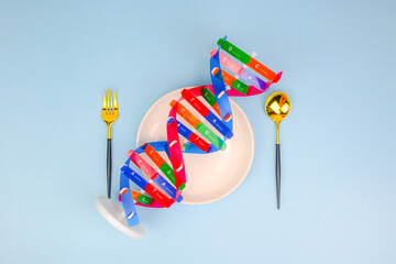 DNA helix structure, spoon, fork beside. Personalized food DNA and nutrition, checking allergic...