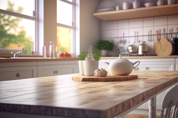 Kitchen with wooden table top and blurry background in Scandinavian style. Generative AI