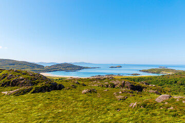 Landscape of beach, hills and atlantic ocean of beautiful Ring of Kerry, Ireland. Travel destination for many tourists