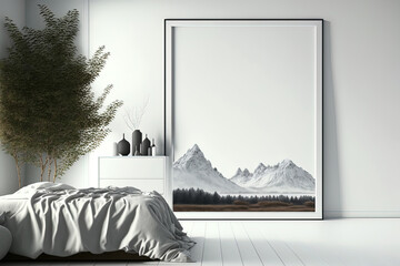 Landscape picture frame mockup on white wall in scandinavian style room interior, blank frame with copy space. Generative AI
