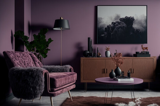 Modern living room with cabinet, brown leather armchair, coffee table, floor lamp, and fur carpet with TV on the violet concrete wall. Generative AI