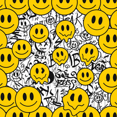 Graffiti and melt smile face seamless pattern wallpaper art.Vector graphic background illustration.Graffiti lettering,urban art seamless pattern wallpaper print concept