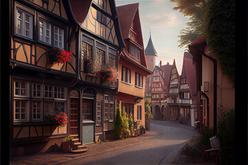 Fototapeta premium Picturesque quaint European town with charming medieval houses, generative AI