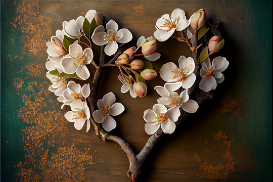 Heart shaped almond blossom branch, ideal for valentines and the beginning of spring, generative AI