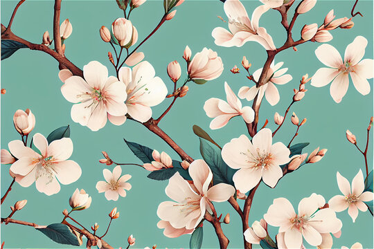 fresh floral pattern with almond tree blossoms, ideal for decorative backgrounds, generative AI