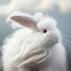 white easter rabbit with long fur blowing in the wind, luxurious, hair, generative ai