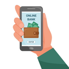 Online bank concept. Phone in hand with online banking app.	
