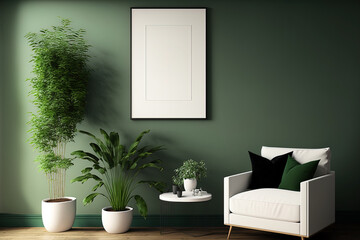 Naklejka na ściany i meble Home interior mock up with green wall, plant in living room, premium room. Generative AI