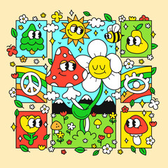 Funny flower and mushroom t-shirt print. Vector doodle line cartoon kawaii character illustration letters. 60s hippie style,nature,forest,mushroom,flower print for t-shirt,tee,poster,card concept