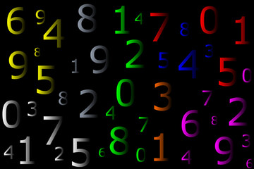 Arabic numerals from 0 to 9 scattered randomly on a black background