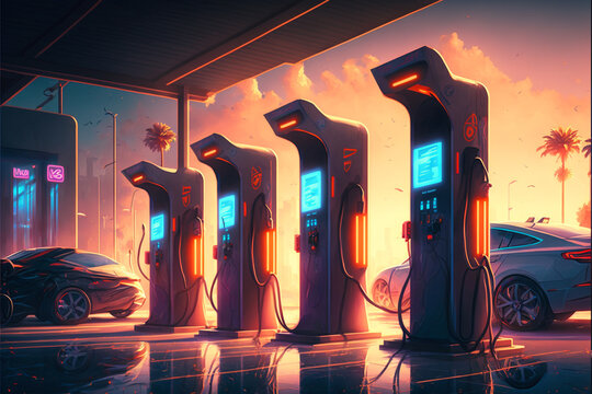 Electric Vehicle (EV) charging stations,each station equipped with numerous charging ports. The charging ports feature advanced technology that enables the efficient transfer of energy generative ai