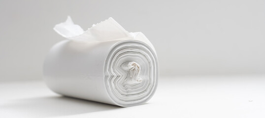 White plastic polyethylene trash bag roll isolated over the white background, set of multiple...