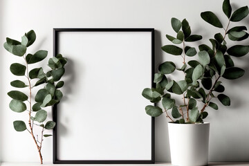 Poster frame mockup in scandinavian style over white wall with green eucalyptus, blank frame mockup. Generative AI