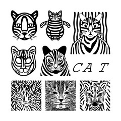 Set of 8 stylish vector illustrations of cats with zebra-inspired patterns. Perfect for modern designs