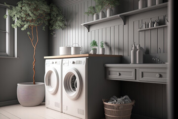 Interior of a gray laundry room with a sink, two washing machines, a potted tree, and some shelving. a mockup. Generative AI - obrazy, fototapety, plakaty