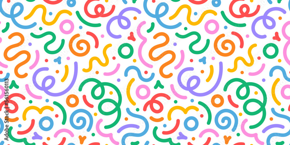 Poster Fun colorful line doodle seamless pattern. Creative minimalist style art background for children or trendy design with basic shapes. Simple childish scribble backdrop.