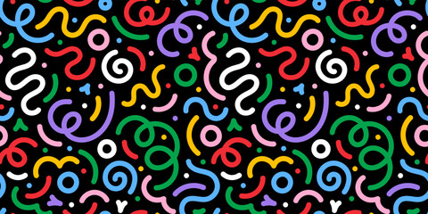 Fun colorful line doodle seamless pattern. Creative minimalist style art background for children or trendy design with basic shapes. Simple childish scribble backdrop.