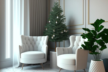 Clouse up cozy christmas white living room decorated сhristmas trees in pots, eco friendly decor, green armchair. . Template, background for card christmas, natural decor. Generative AI