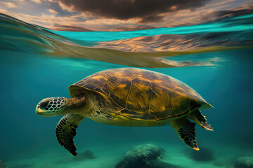 turtle swimming in the water, split-shot, Generative AI