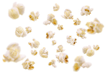 Fototapeta Flying popcorn isolated. Fresh popcorn flakes on a white background. obraz