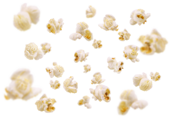 Flying popcorn isolated. Fresh popcorn flakes on a white background.