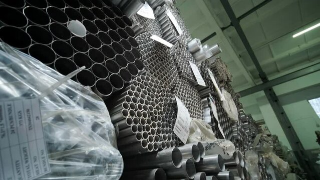 Round metal blank, metal blank, warehouse of metal billets at the factory.