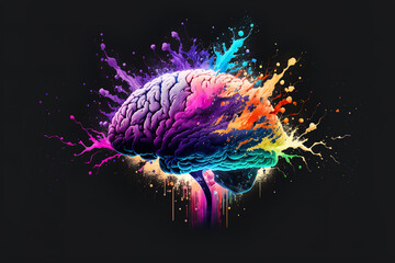 Generative AI illustration of human brain bursting with colored powder