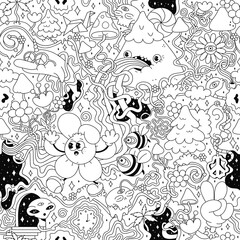 Psychedelic trippy seamless pattern art.Mushroom,magic wizard smoking,melt smile face.Vector cartoon hippie illustration doodle.Trippy 60s,70s,magic mushroom,acid seamless pattern art concept