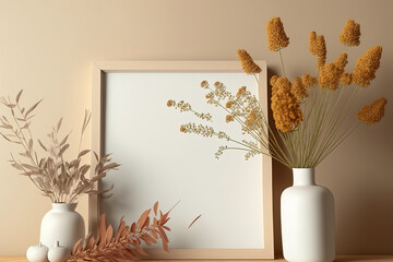 Landscape wooden picture frame mockup with dry flowers in minimalistic style room interior, blank frame with copy space. Generative AI