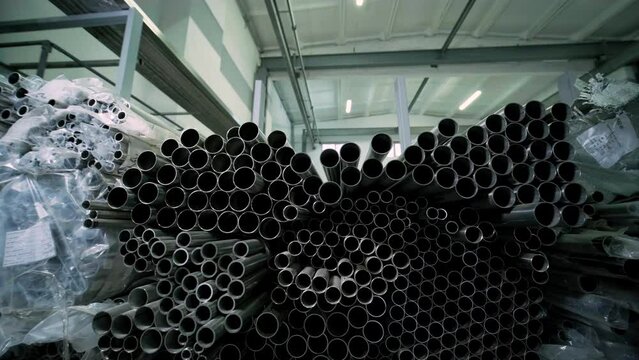 Round metal blank, metal blank, warehouse of metal billets at the factory.