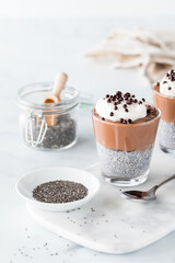 A chocolate mousse chia pudding with chia seeds in front and to the side.