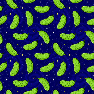 Cute funny cucumber in space,cosmos seamless pattern.Vector hand drawn doodle line cartoon kawaii illustration icon.Cucumber,pickle background seamless pattern concept