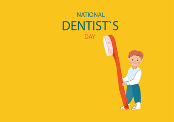 Little boy cleaning big tooth . National dentist day horizontal banner.Vector doodle cartoon illustration.