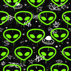 Alien neon head seamless pattern.Vector hand drawn doodle line cartoon illustration icon.Alien,graffiti,ufo,neon background seamless pattern concept