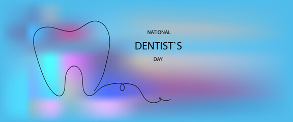  tooth continuous line art. National dentist day poster, flyer.Vector doodle cartoon illustration.