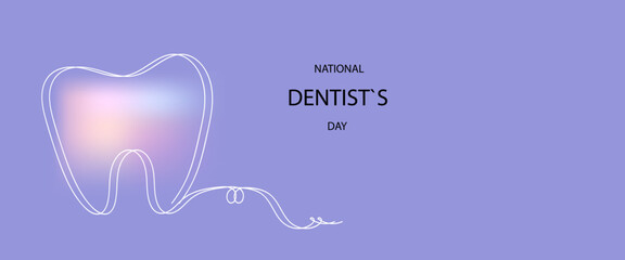  tooth continuous line art. National dentist day poster, flyer.Vector doodle cartoon illustration.