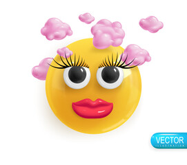 Realistic 3d Icon. Emoji face. Render of yellow glossy color emoji in plastic cartoon style
