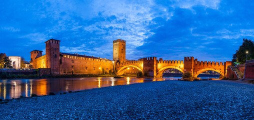 Verona, Veneto, Italy: The medieval old castel on the banks of River Adige at night
