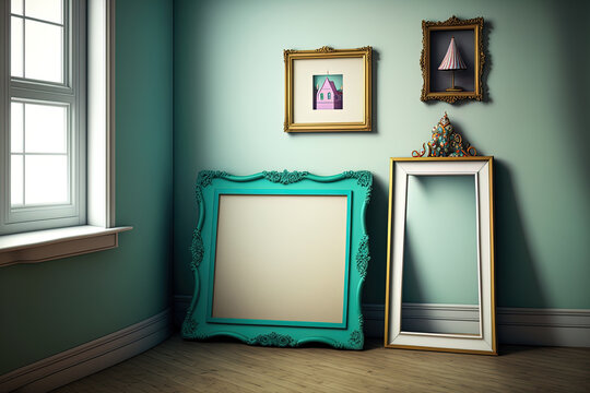 three empty picture frames in a child's room as a fake. Generative AI