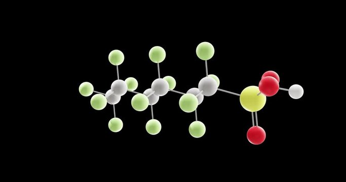 Perfluorohexanesulfonic acid molecule, rotating 3D model of PFHxS, C6HF13O3S, looped video with alpha channel