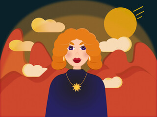 Pretty woman in the sunlight sun clouds mountains