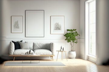 Corner view on bright living room interior with empty white poster, sofa, coffee table with crockery, books, oak wooden floor. Concept of minimalist design. Place for meeting. Mock up. Generative AI