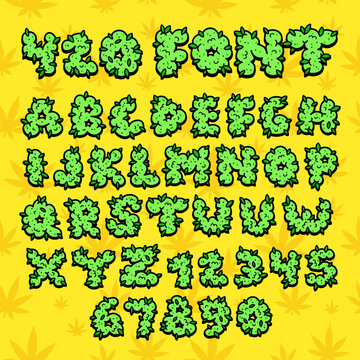 Cannabis letters font.Vector hand drawn cartoon illustration. Funny trippy,cannabis,marijuana,weed bud,420,rasta print for t-shirt,poster,logo art concept