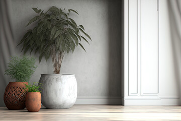 White, gray stucco or faux concrete walls in a space that is empty. hardwood flooring With vegetation, a decorative copper vase. Home design mock up. Generative AI