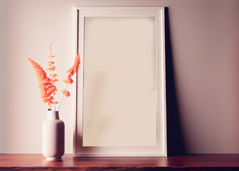Wooden vertical frame with white vase of dry flowers over light wall. Mockup Template 3d render