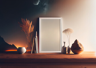 Wooden vertical frame with white vase of dry flowers over dark wall. Mockup Template 3d render