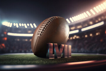 Fototapeta close-up of an american football ball on the field. Ai illustration, bowl 57 obraz