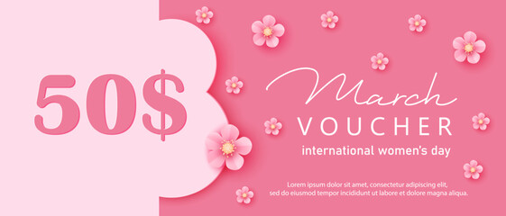 8 March voucher vector design. Pink paper cut sakura flowers. © olechkaart