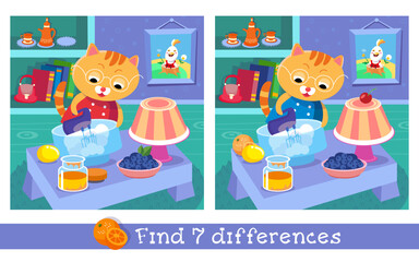 Fototapeta premium Find 7 hidden differences. Educational puzzle game for children. Cute kitten making Christmas cake. Cartoon cat character in room. Vector illustration.